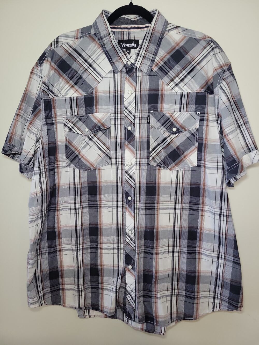 Men's Pearl Snap Gray Plaid Button-Up Size 3XL 100% Cotton Short Sleeve Western